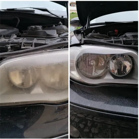 Antes e depois de restauro de faróis numa viatura